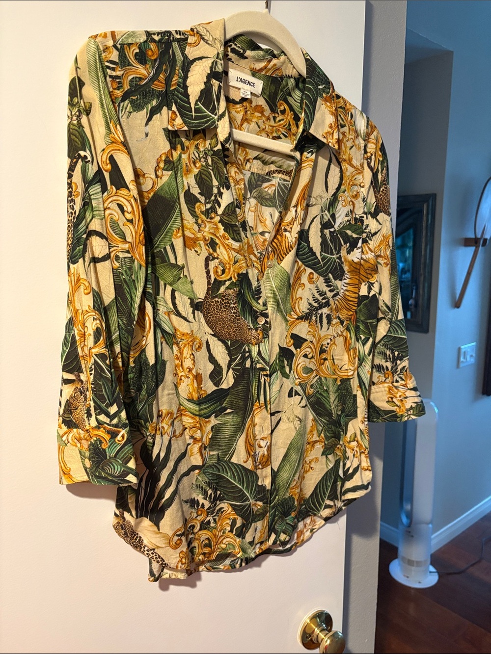 L'AGENCE Green, Cream & Gold Tropical Button-Down Shirt